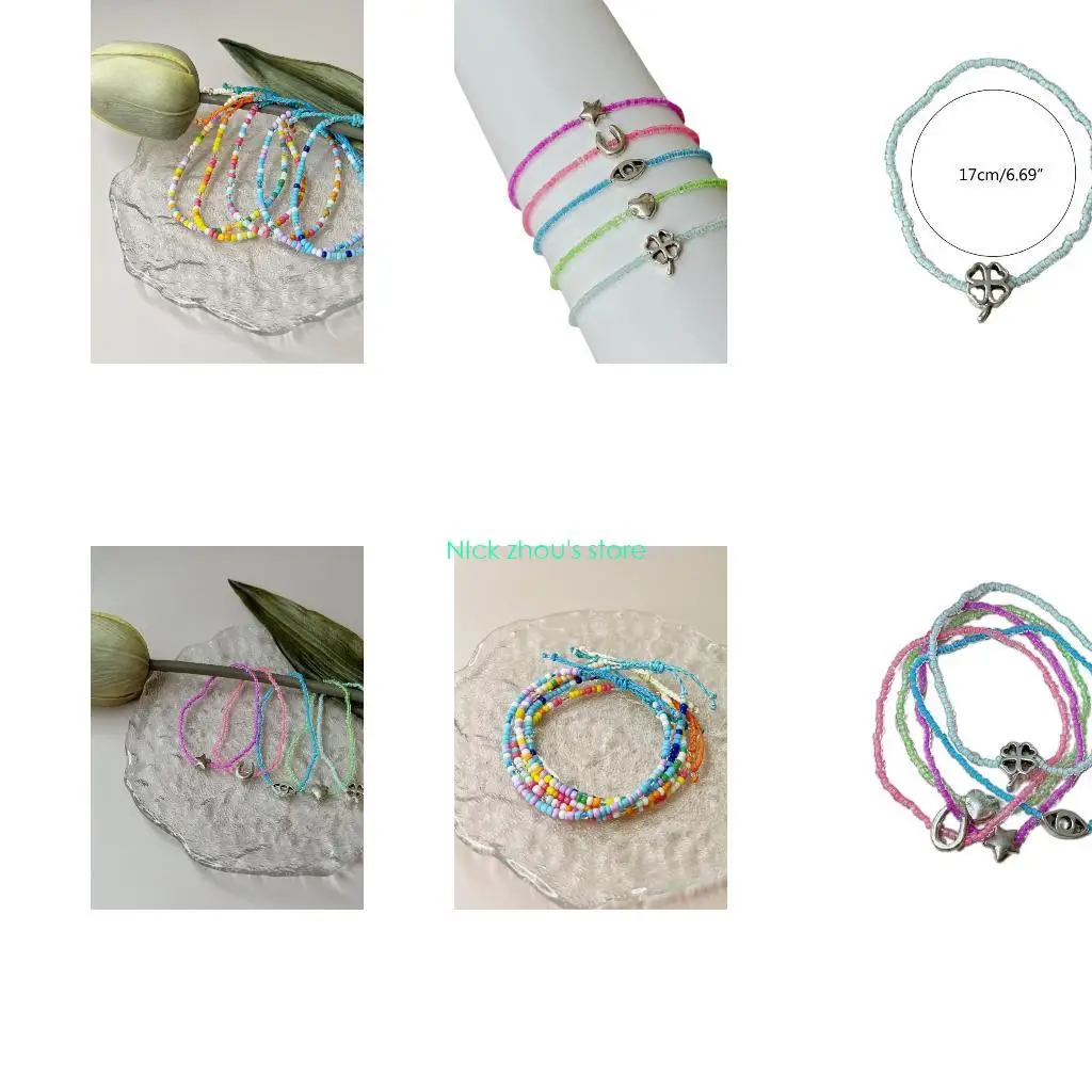 E15E 5Pcs Stackable Beaded Handchain Bohemian Bead Bracelets Women Heart Handchain