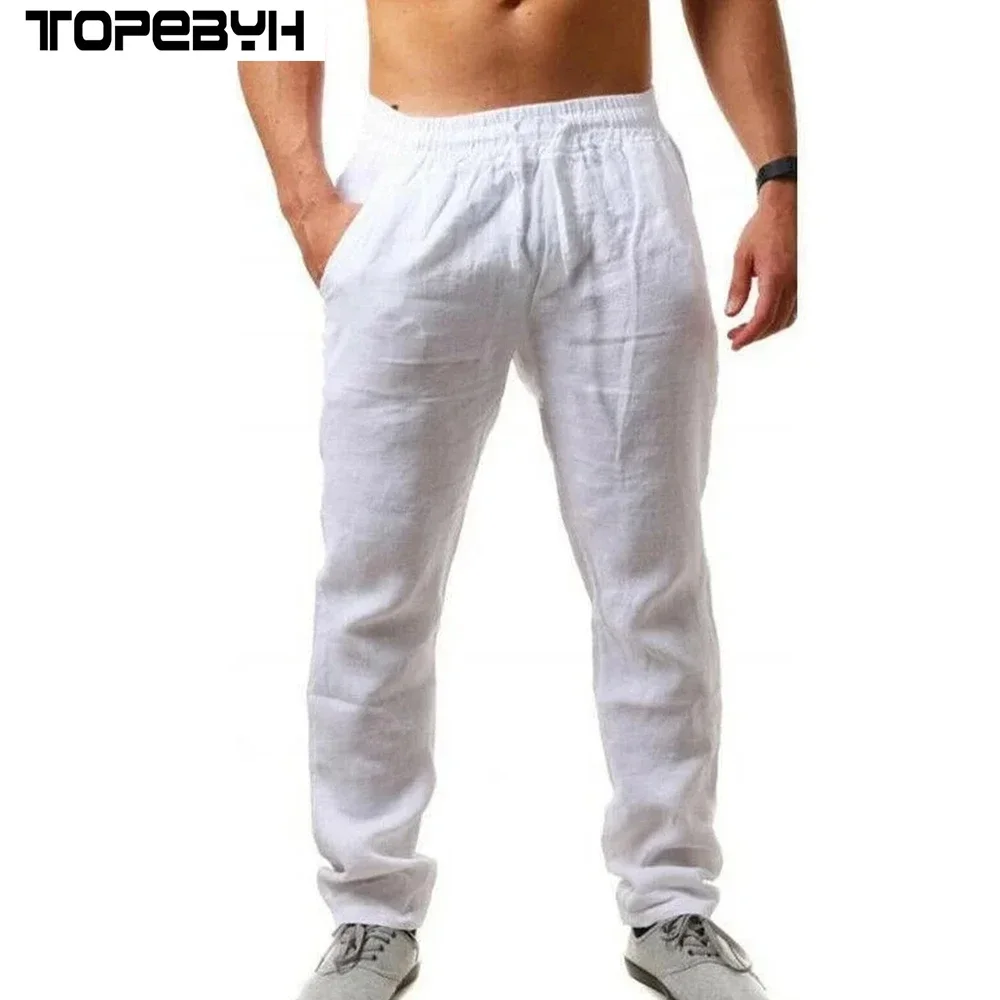 Pantalones deportivos informales para hombre, pantalón holgado de algodón y lino con cintura elástica, Color sólido, a la moda, novedad