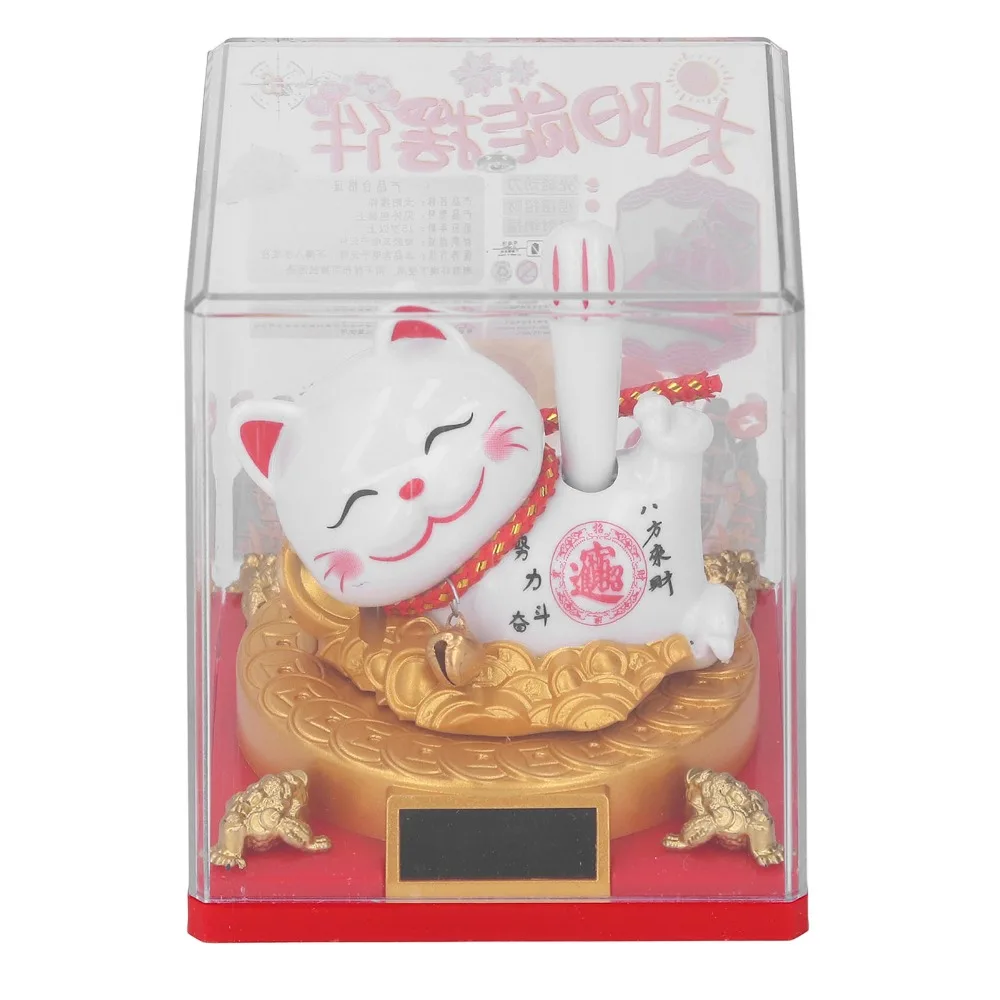 Plastic Solar Waving Lucky Cat Ornament 2.91x2.99x3.39in White Light Activated Maneki Neko Statue Smooth Silent Cat Ornament