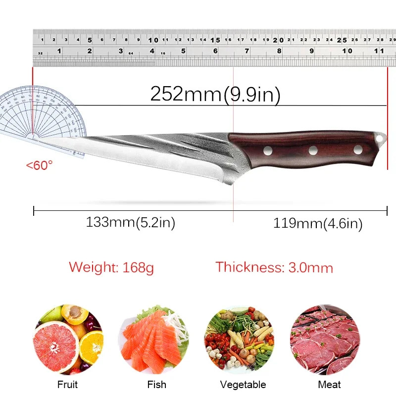 Forged Cleaver Kitchen Chef Knife High Carbon Clad Steel Meat Fish Fruit Vegetables Professional Butcher Boning Knife with Cover