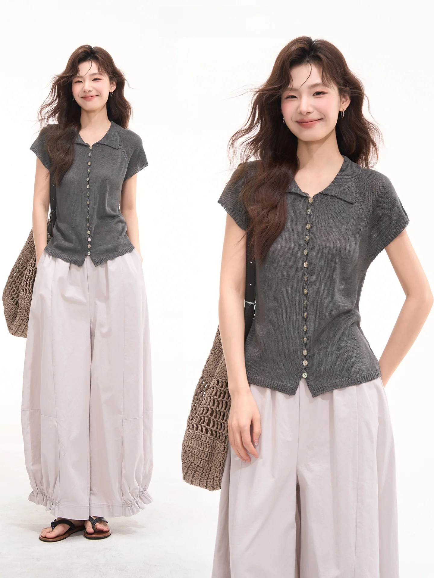 

Heme Knitted Short Sleeve Shirt with Buttons Versatile Slimming Collar Casual Style Women's Top Flower Field Window