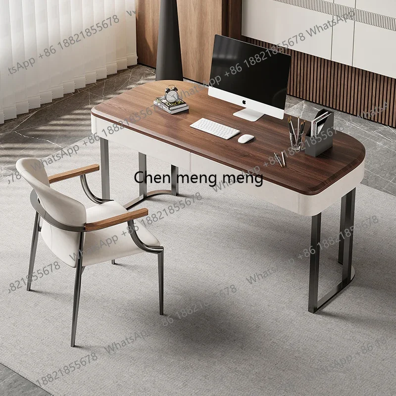 

Retro high-end solid wood desk light luxury saddle leather home study desktop computer table and chairs
