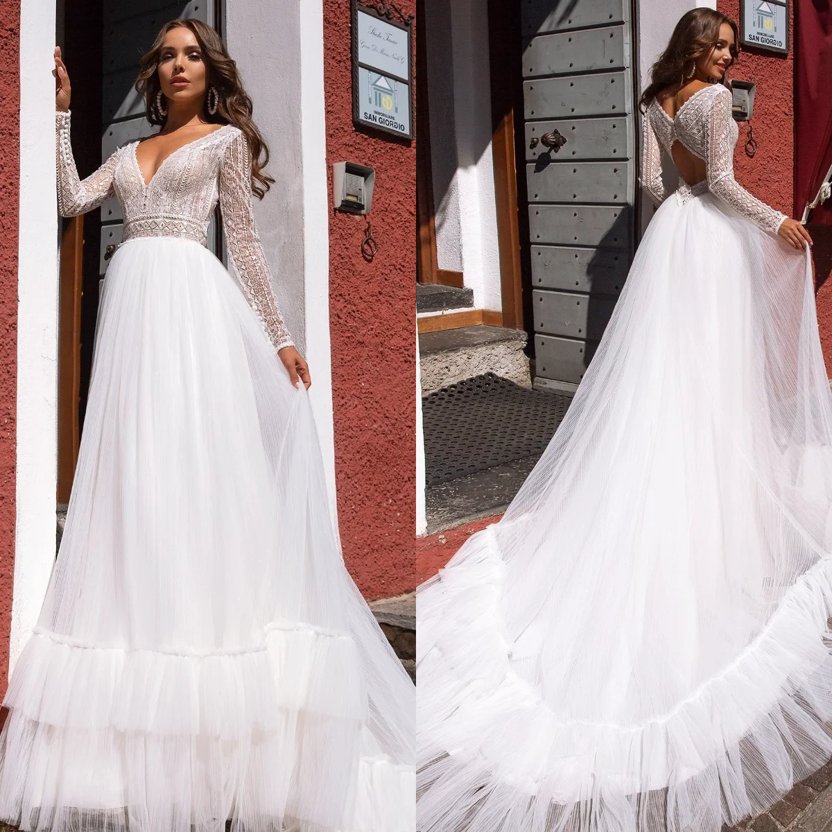 Beach Bohemian Wedding Dresses V Neck Long Sleeves Lace Appliques Dream Bridal Gowns Boho A Line Princess Gowns Customized