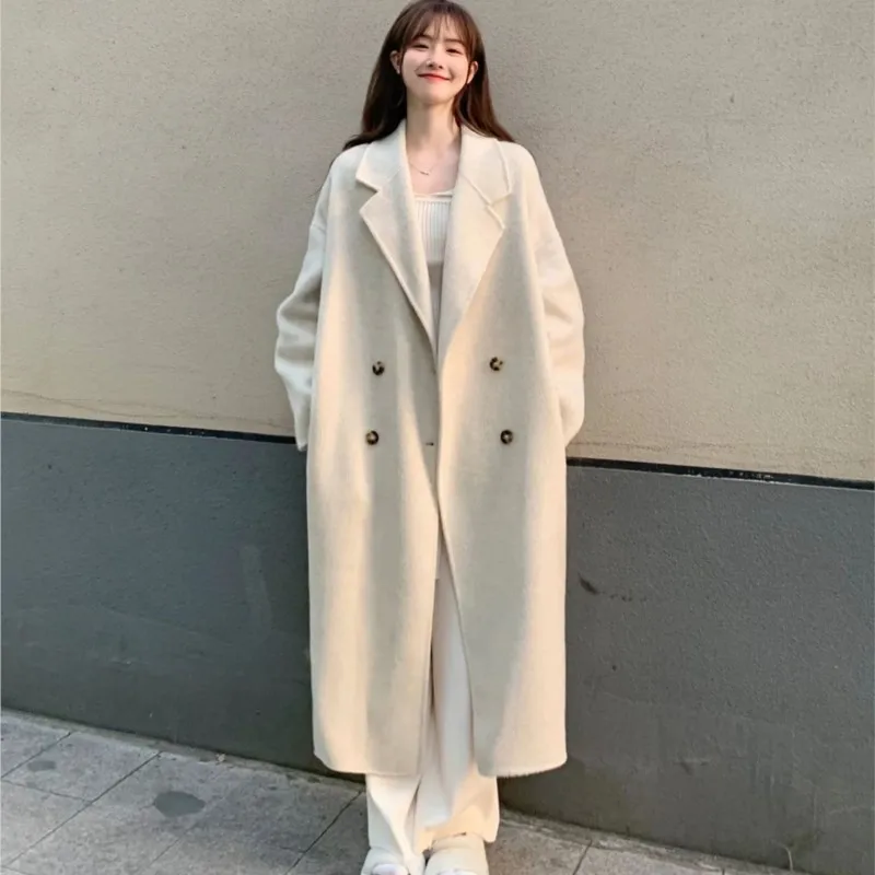 Women\'s Autumn Winter Woolen Coat Thickened Korean Temperament Loose Mid-length Oatmeal Woolen Coat Simple Wool Oversized Coat