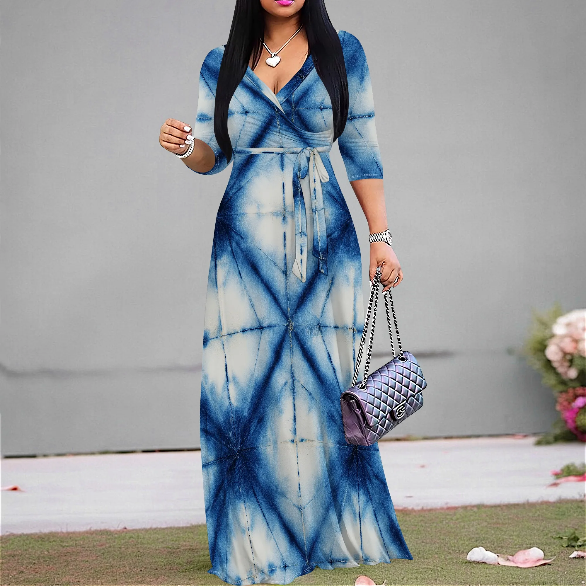 

Women's Tie Dye Maxi Dress 2025 New Arrival V Neck Belted Long Sleeve Summer Beach Holiday Dress XS-3XL