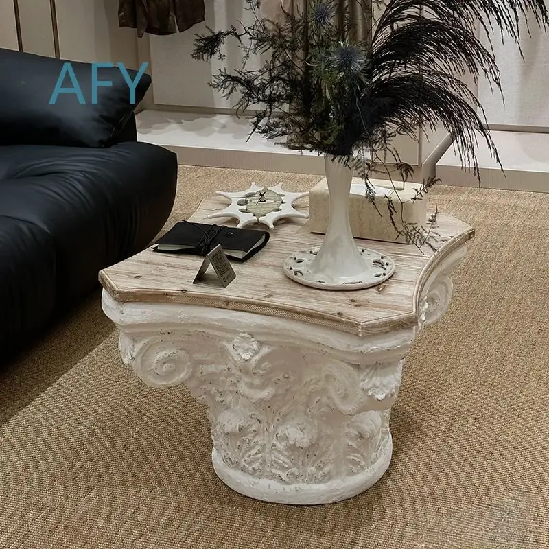 Rustic French Roman Column Coffee Table for Home Decor Vintage Style Side Table for Living Room Balcony Carved American Style