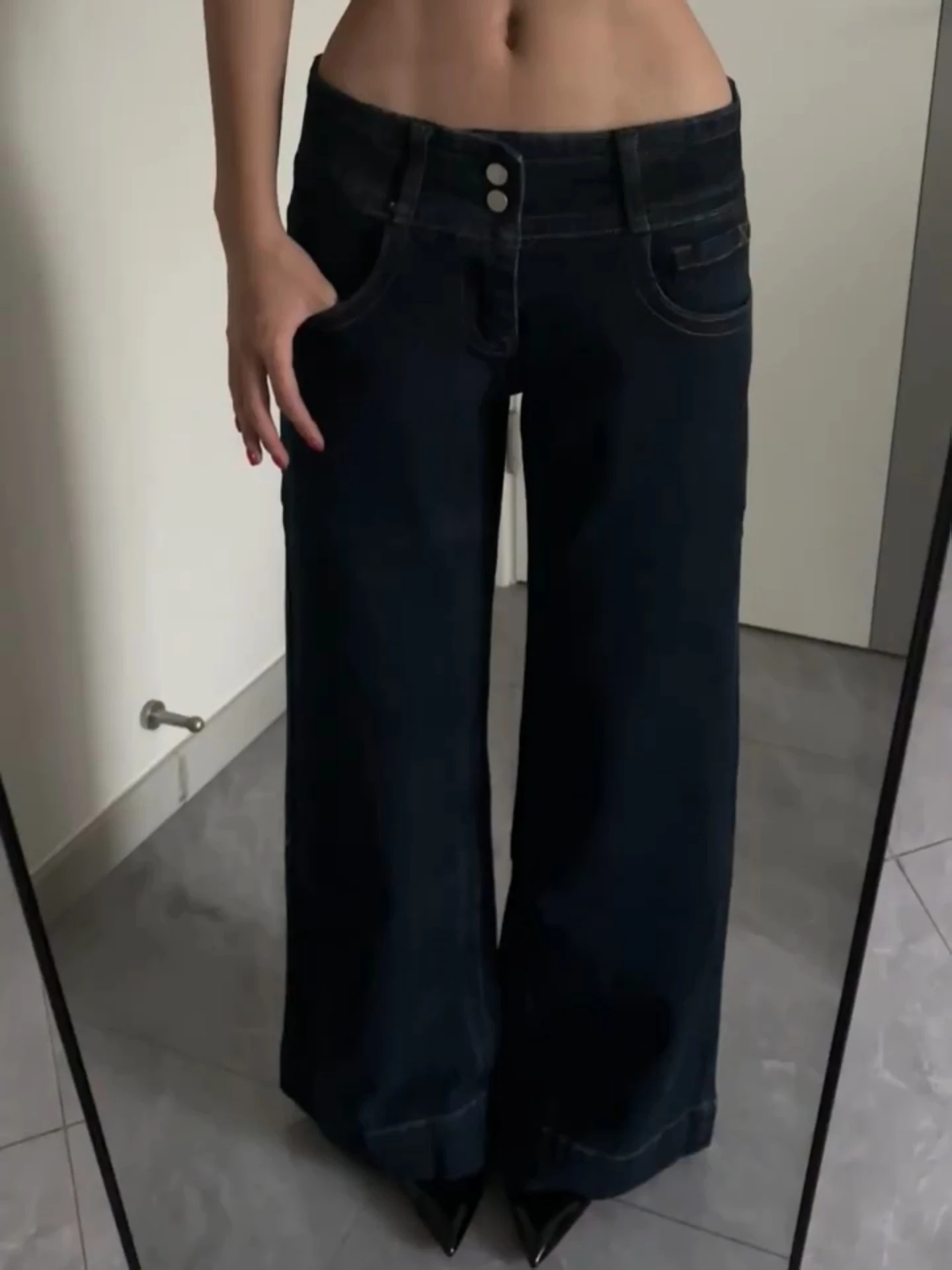 

plus Size American Retro Double Buckle Low Waist Flared Denim Jeans Women Design Sensation Spicy Straight Loose Floor-Length ...