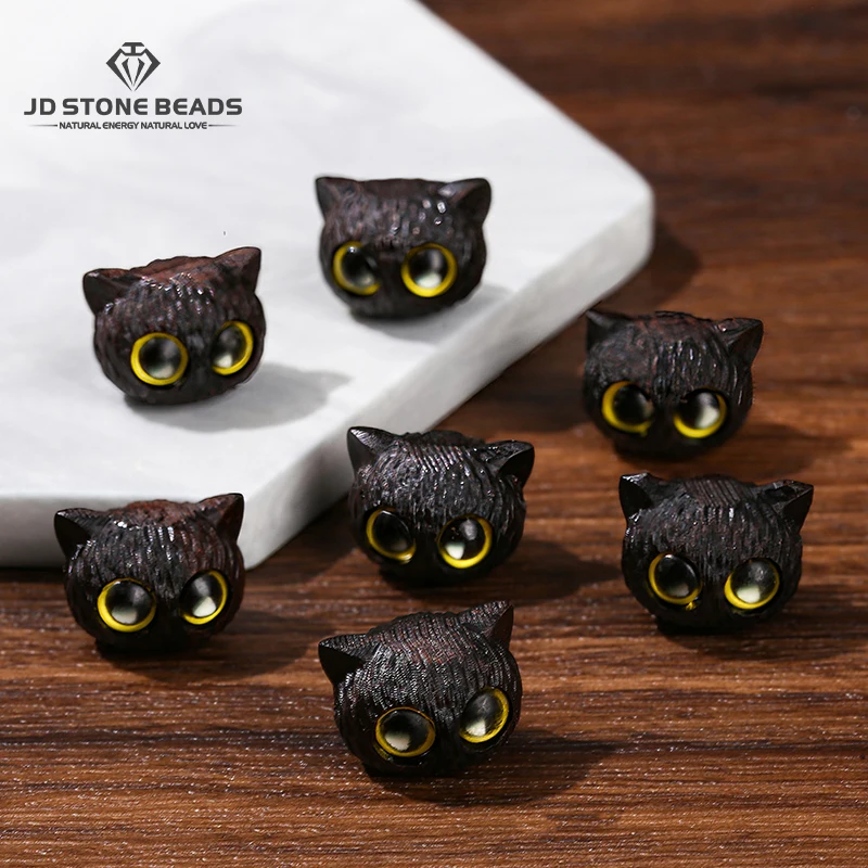 

1 Pc Natural Wooden Ebony Cat Head Carving Bead With Hole Lovely Kawaii Pendant For Jewelry Making Necklace Bracelet Accessory