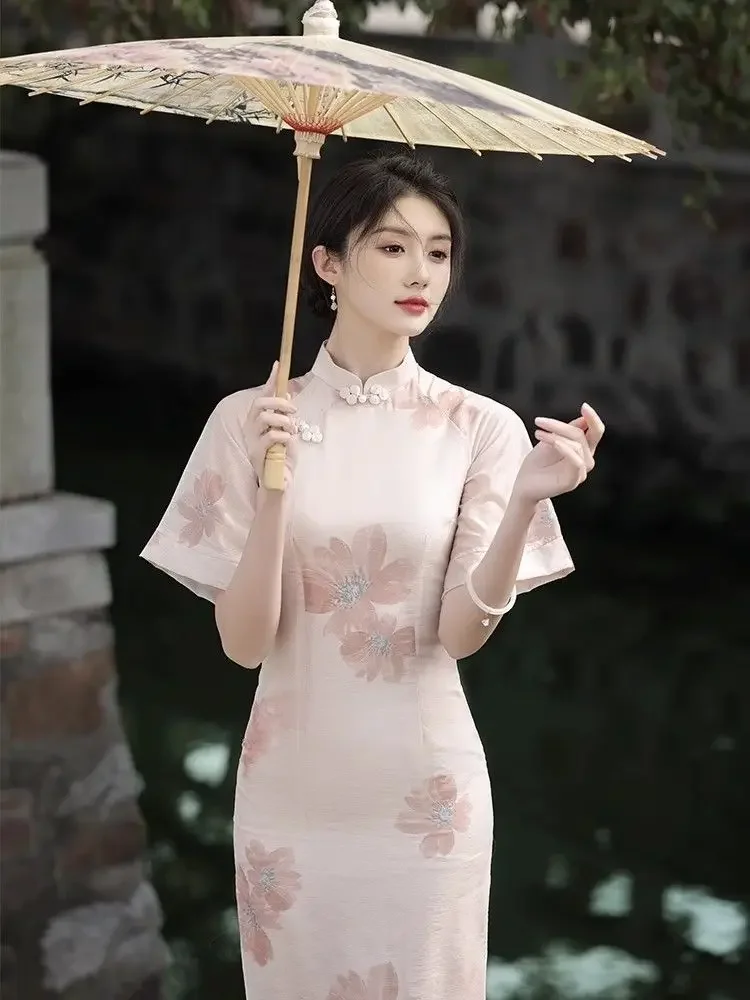 

Новое улучшенное платье Cheongsam в китайском стиле, лето 2021, элегантное розовое женское восточное повседневное платье в национальном стиле, женское платье Ципао
