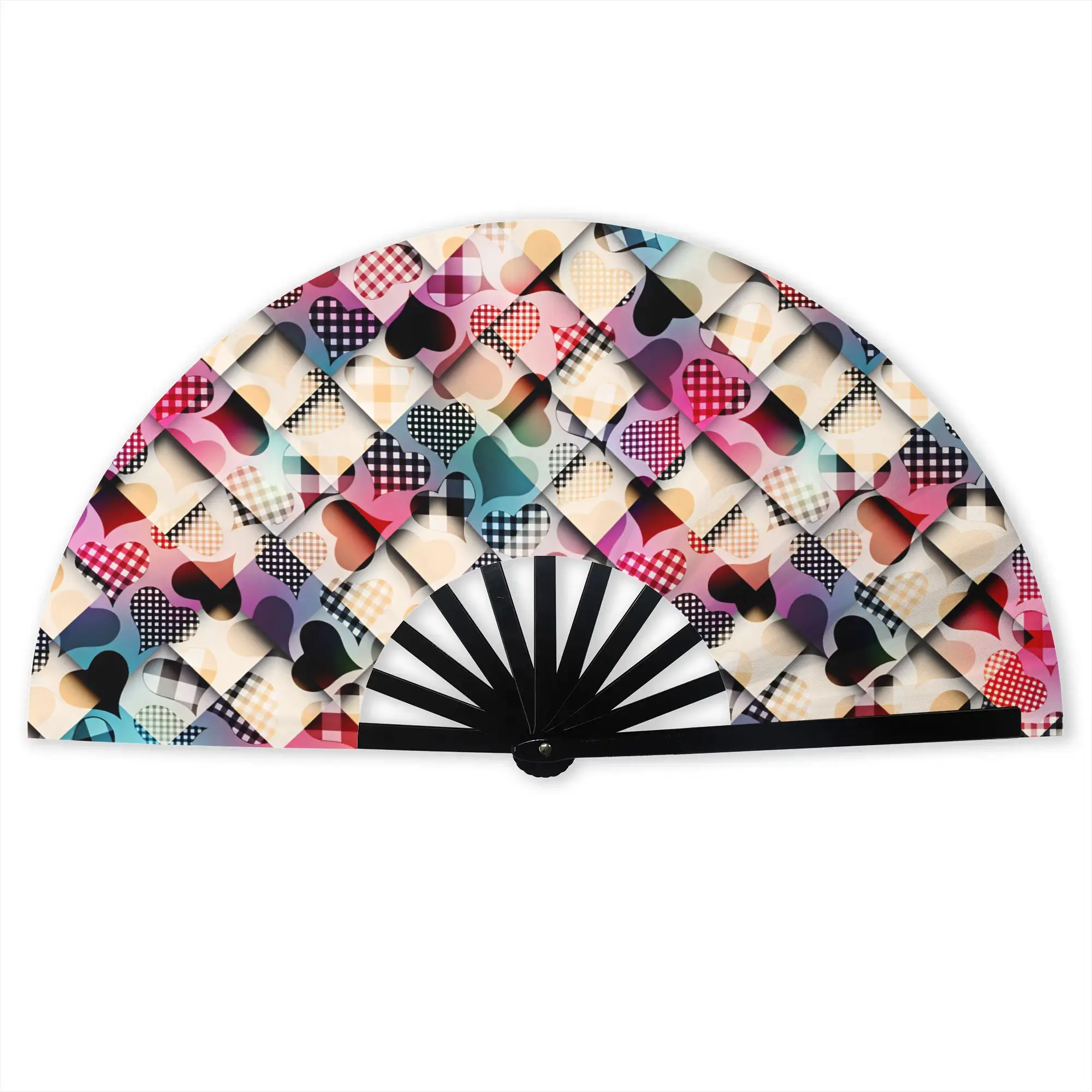 Valentine's Day Geometric Heart Op Art Hand Fan   Diagonal Plaid Heart  Printed Polyester Fan Vintage For Sports Events Gift
