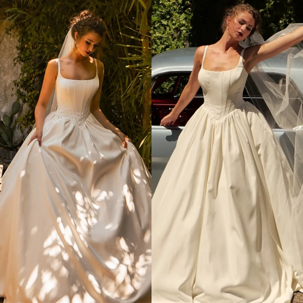 

Customized Exquisite White Jersey Wedding Dress Simple Square Collar Spaghetti Straps Bridal Gown Chapel Train Zipper Back Dress