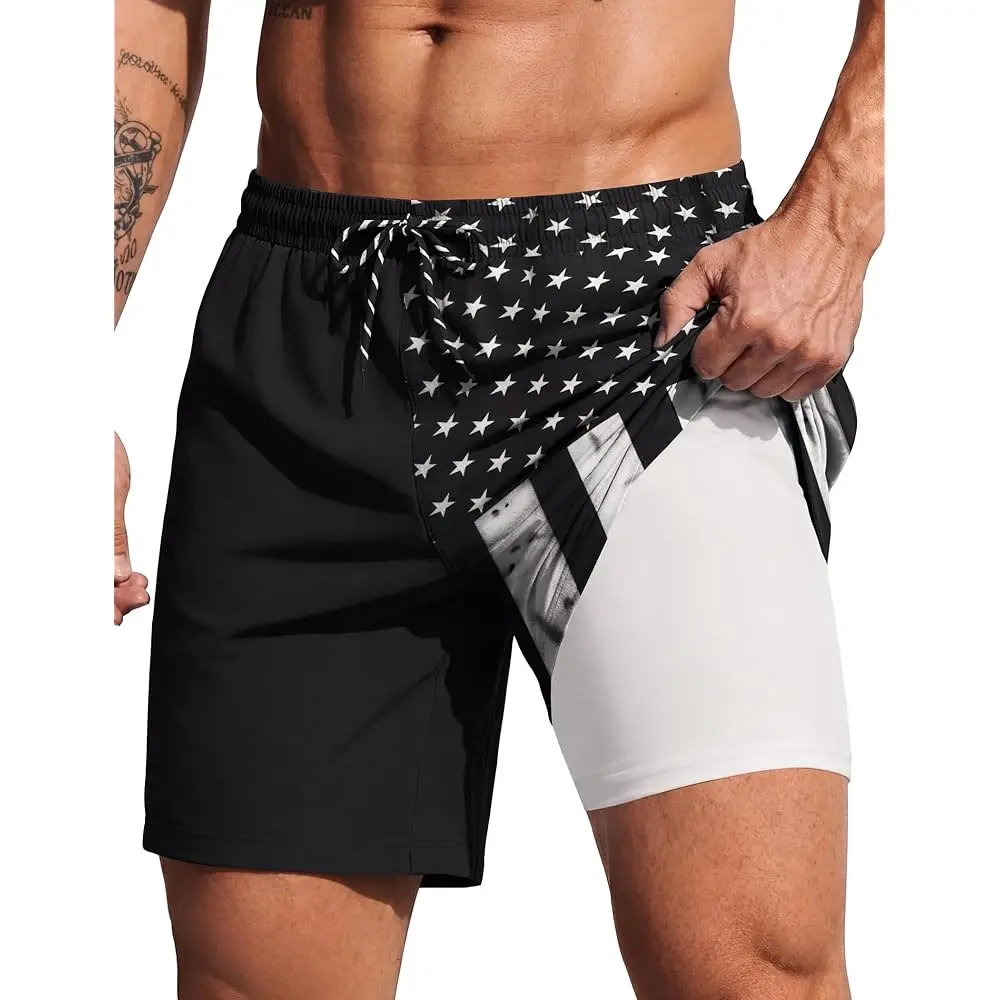 

2 in 1 Mens Swim Trunks 7 Inch Quick Dry Board Shorts Beach Swim Shorts Bathing Suit with Compression Liner