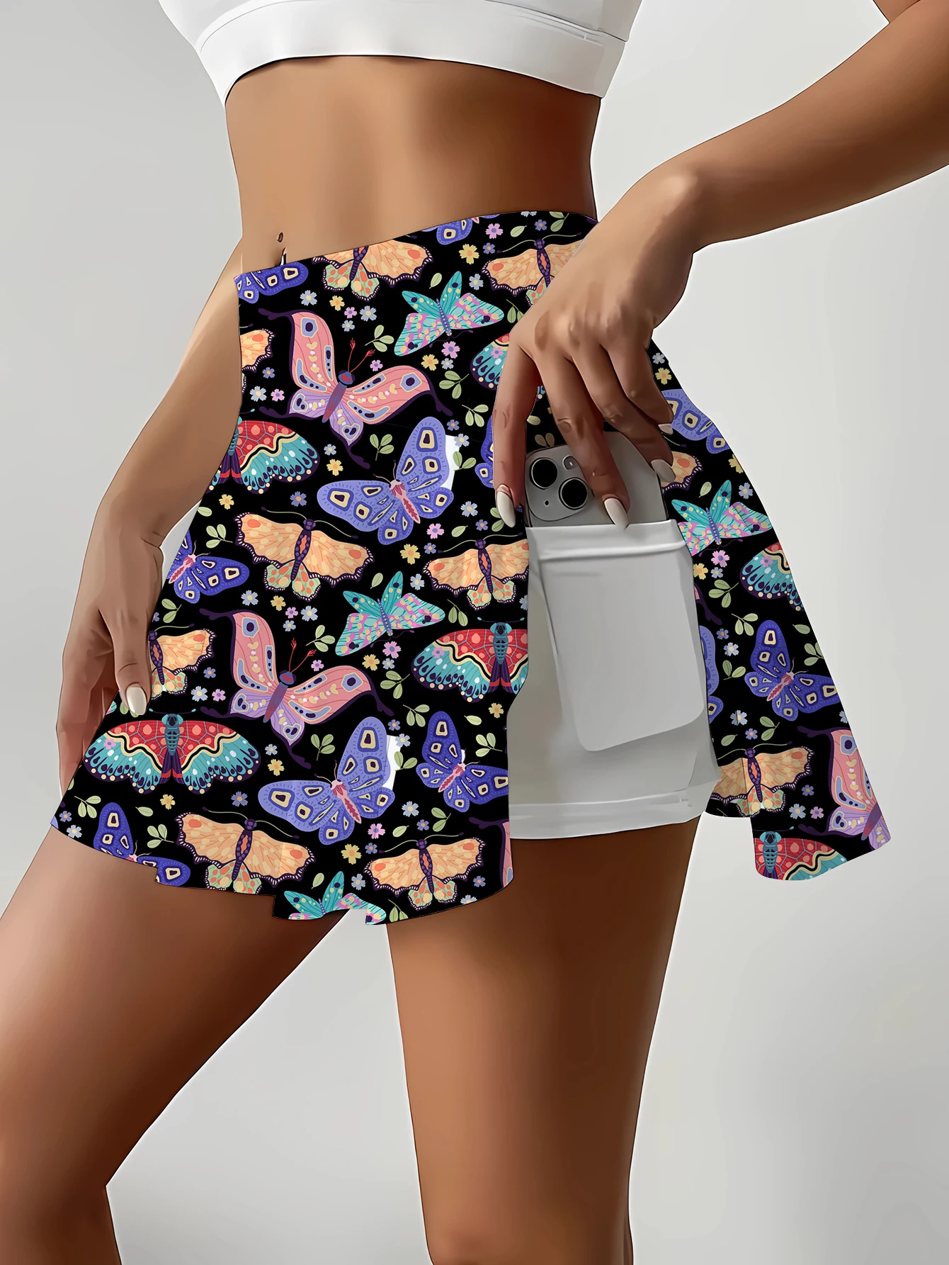 High-Waist Butterfly Print Skirt with Built-In Shorts Elastic Casual Girl Style High Waist Bohemian Skirt