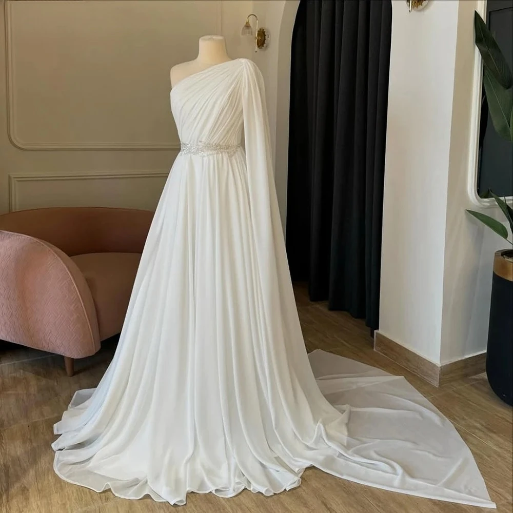 A-line Chiffon Wedding Dresses One Shoulder Beading Bridal Dress 2025 Long Wedding Gown Robe De Mairee ﻿Customized