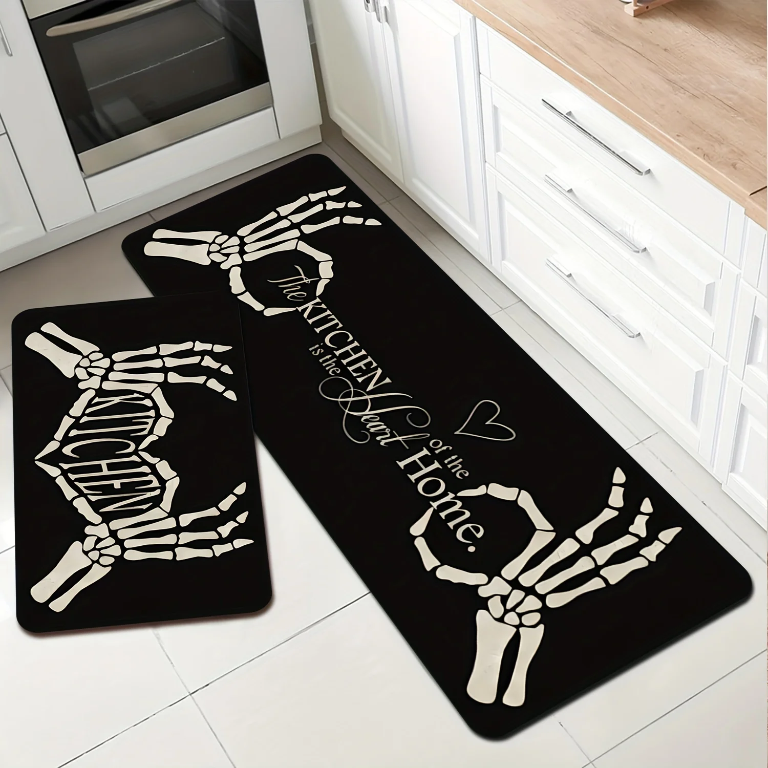 VIKAMA 1/2pc Fun Black Skull Print Rug, Soft, Non-Slip, Dirt-Proof, Water-Absorbent, For Kitchen, Laundry Room Carpet Home Decor