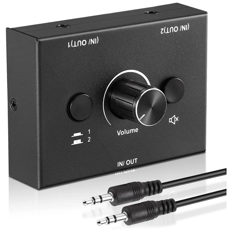 Commutatore audio da 3,5 mm, commutatore splitter audio a 2 ingressi 1 uscita/1 ingresso 2 uscite, scatola commutatore audio, pulsante di disattivazione audio con una chiave HY