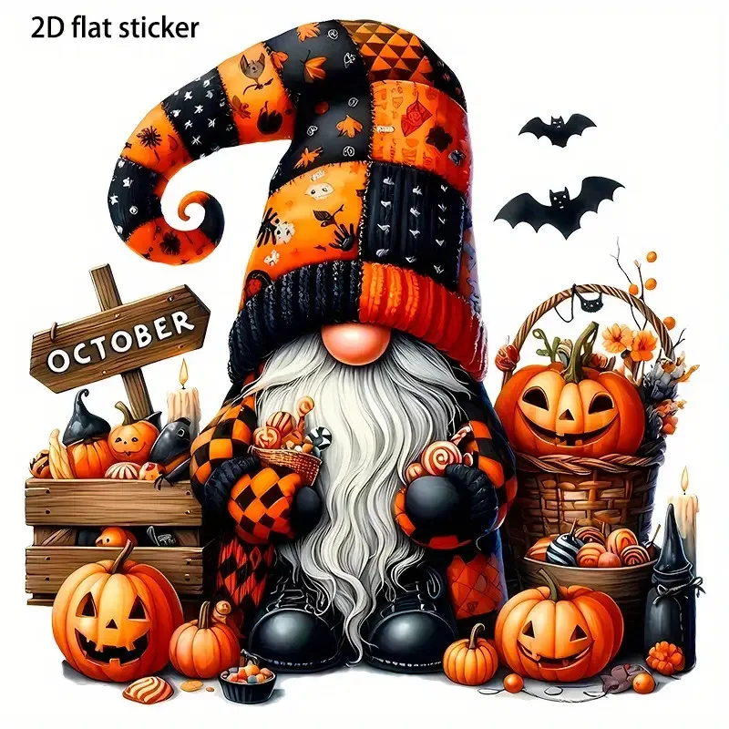 1Pc Halloween Gnome Pumpkin Bat Vinyl Sticker, Removable Decal for Car Laptop Window Wall, Holiday Gift