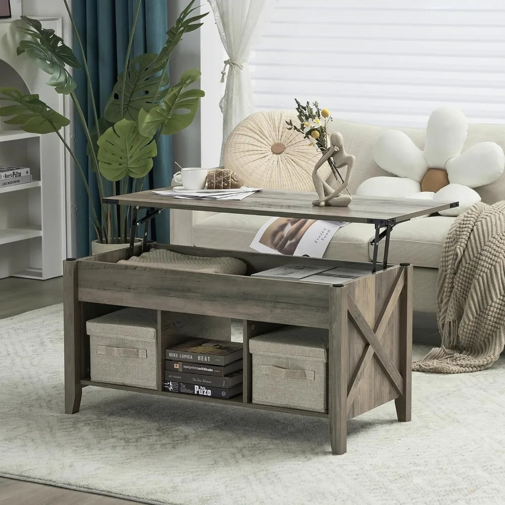 Farmhouse Lift Top Coffee Table, Rustic Grey Coffee Table with Lift Top, Lift Up Pop Up Coffee Table Shelf/Hidden Compartment