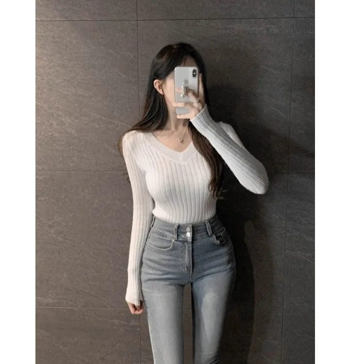 Sexy Slim Fit V-Neck Knitwear Long Sleeve Pure Color Versatile Ladies Fashion Top Dongda Gate Autumn New Style Skin-friendly ...