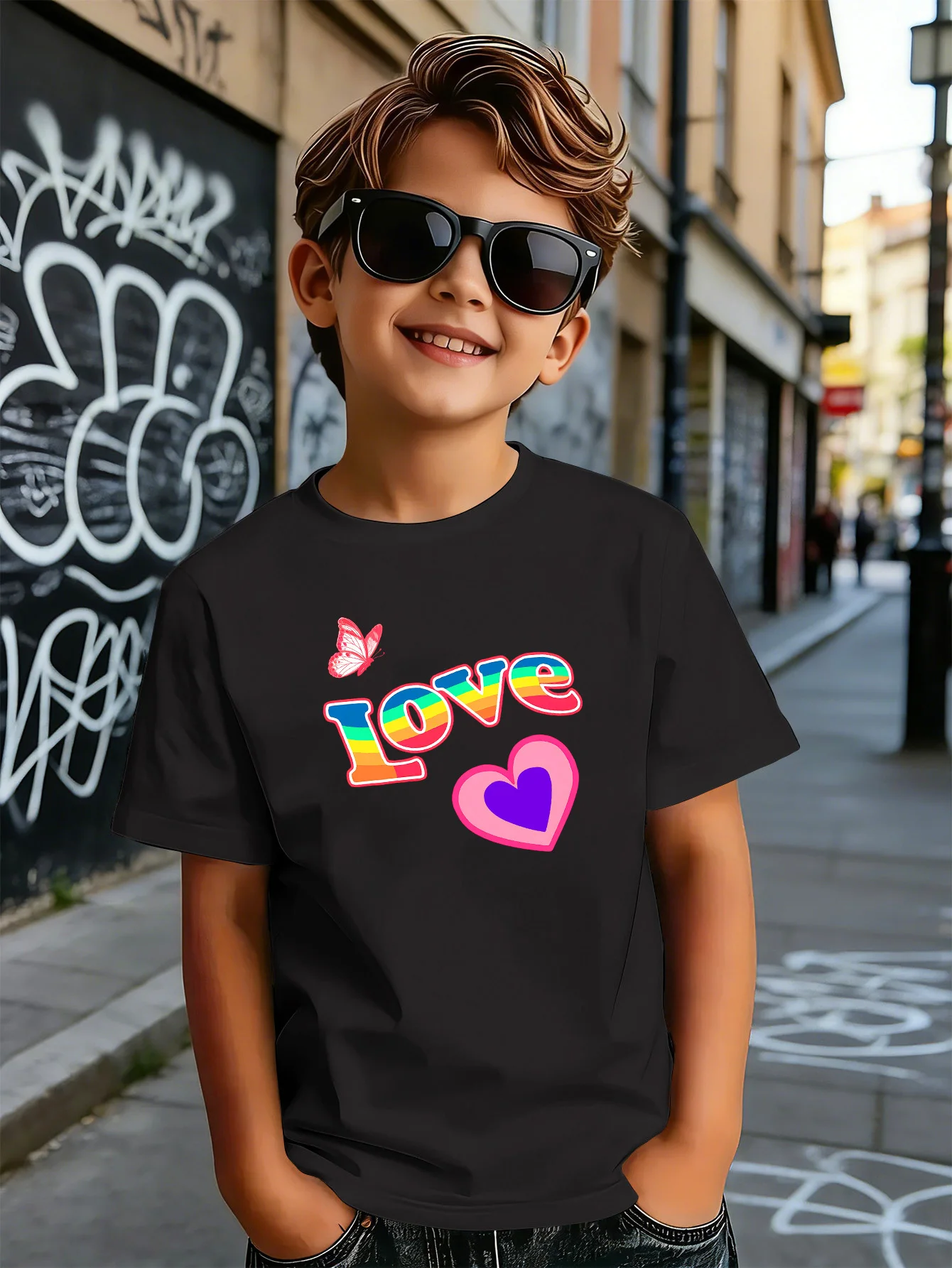 Rainbow Love Heart Butterfly Letter Print Boys Girls Family Matching Cotton Short Sleeve Crew Neck Soft Summer Kids Casual Tees
