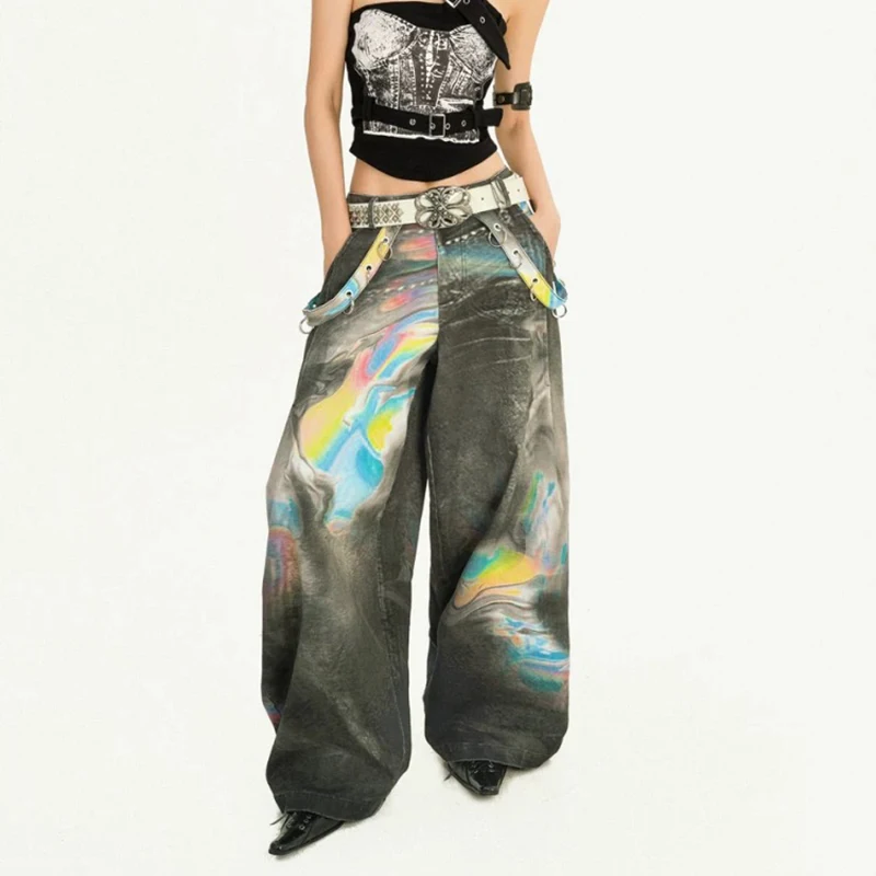 

Женские красочные джинсы с пятнами в стиле панк, гранж, хип-хоп, Y2k, новый тренд, американский ретро, High Street, осень 2023, осень 90-е, свободные широкие брюки