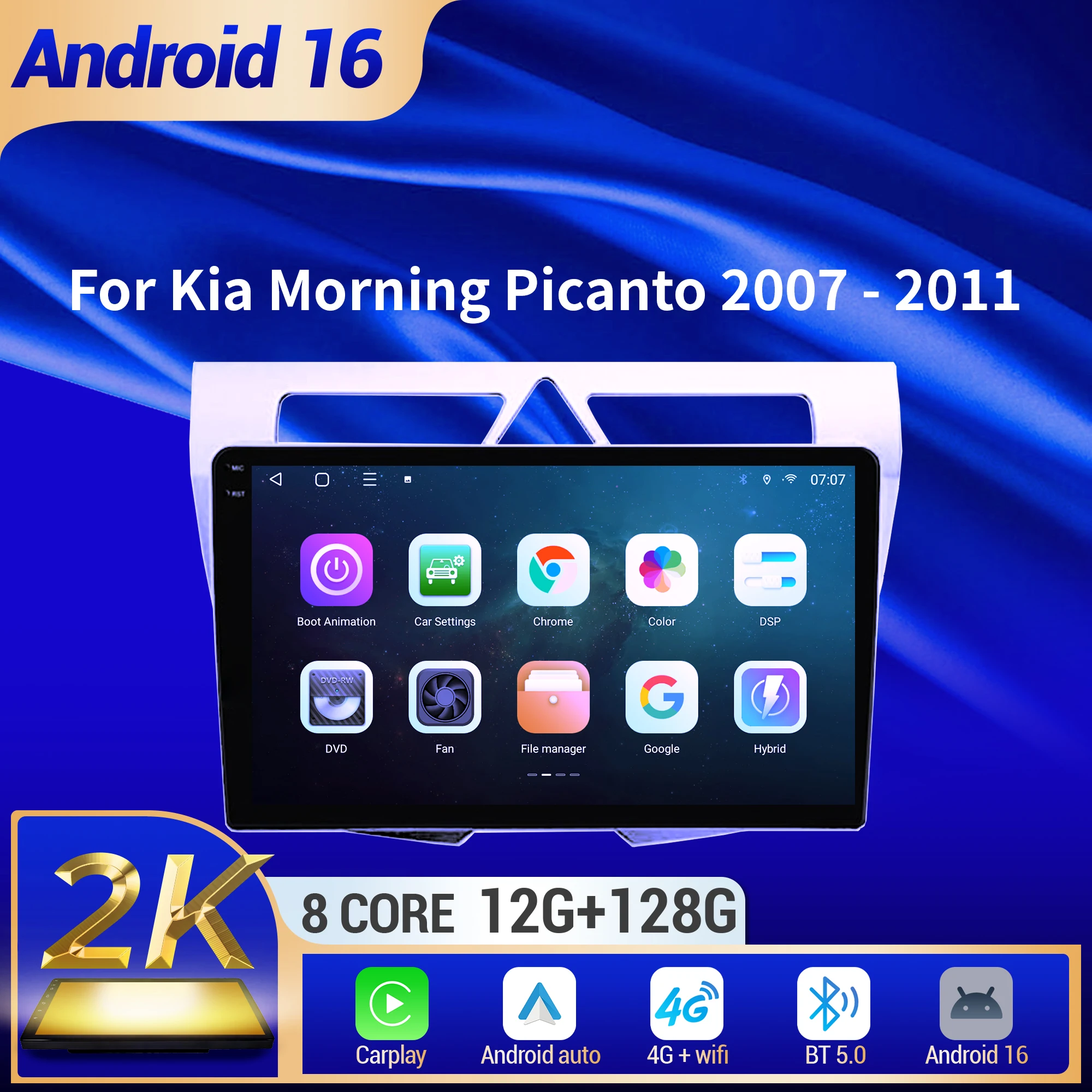 9inch Car Radio For Kia Morning Picanto 2007-2011 BT Carplay Android 16 Multimedia Navigation Head Unit 2K QLED Screen
