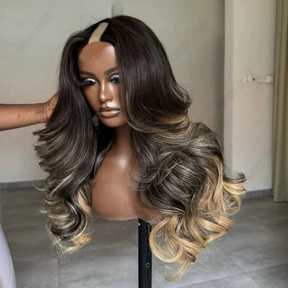 

Black Women Dark Brown Ash Blonde Balayage 100% Remy Human Hair 1*4Size U Part Wigs Slightly Wave Glueless Adjustable V Part Wig