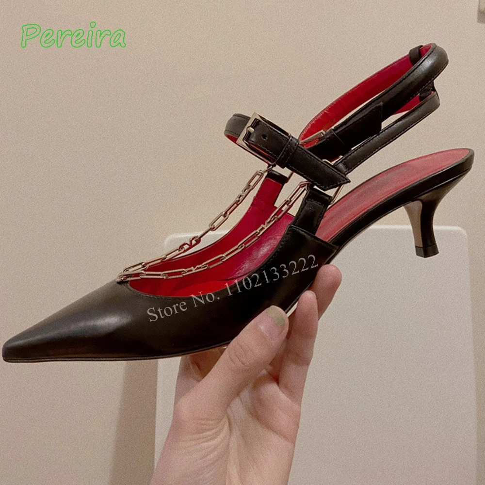 2024 Black Chain Luxury Pumps Summer New Arrival Leather Women's Solid Pointed Toe Fashion Comfortable Dress High Heels
