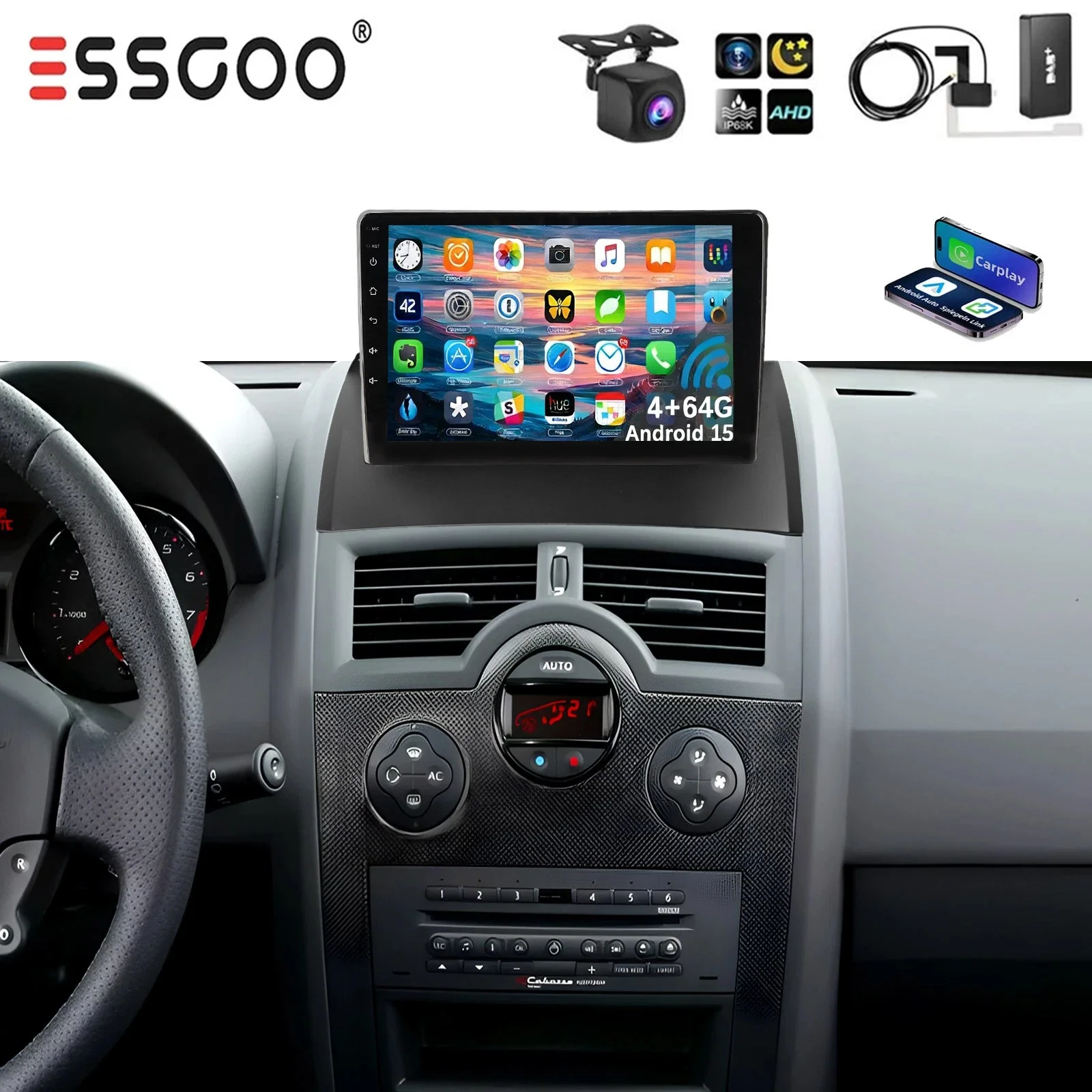 ESSGOO 9-Zoll-Autoradio mit 4 GB RAM und 64 GB Speicher, Android 15, für Renault Megane 2 (2002–2009), kabelloses CarPlay, Android Auto, Multimedia-Player, 2-DIN-Anschluss