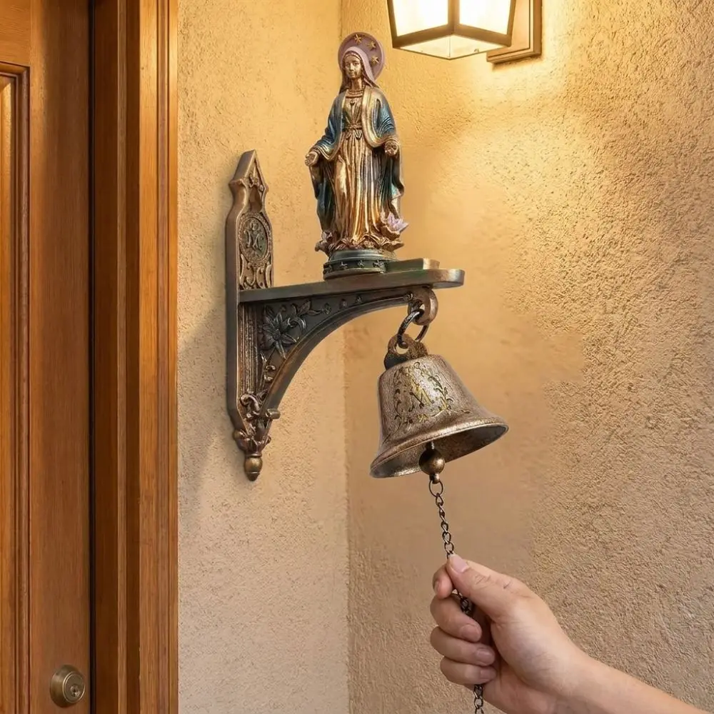 Funny Religious Our Lady of Grace Wall Bell Metal Bell Antique Virgin Mary Statue Catholic Wall Mount Holy Resin Figure Chapel