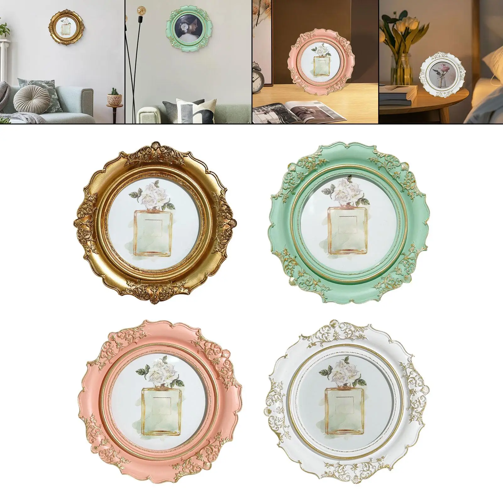 Round Picture Frame Crafting Ornament Multifunctional Retro Style Wall Mount Tabletop Decoration for Hallway Bedroom Bathroom