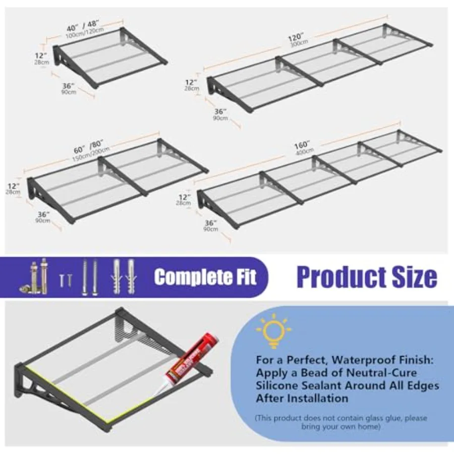 Exterior Window and Door Awning for Patio, Porch, Deck, Entrance; Polycarbonate Material; Gray; UPF 50+ UV/rain/snow/sunlight P