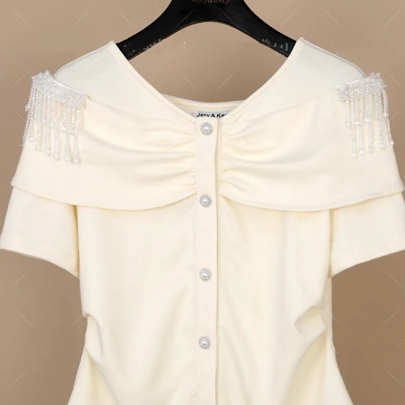 T-shirt women's new versatile slim pleated design in summer of 2024 is light and luxurious with diamond-encrusted shoulders.