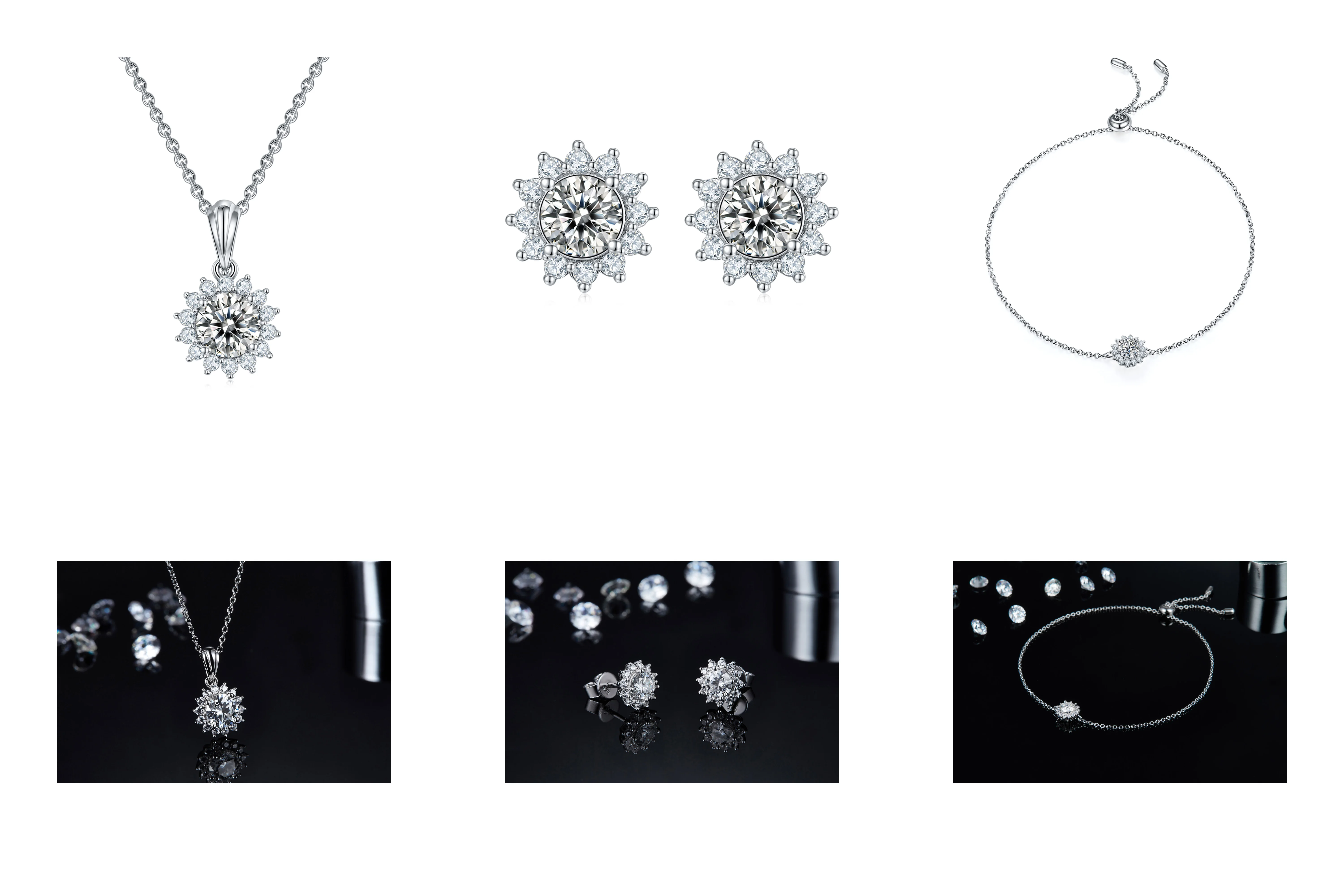

925 Silver 0.5CT 1.0CT 2.0CT 3.0CT Sun Flower Moissanite Necklace Earrings Bracelet Sets Jewelry Set for Women Gift