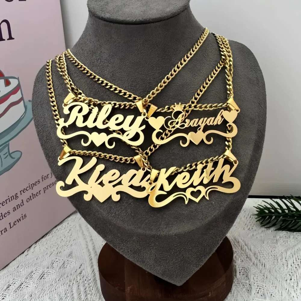 Custom Cuban Chain Wave Name Necklace Stainless Steel Personalized Heart Name Pendant Necklace Women Girl Trendy Jewelry