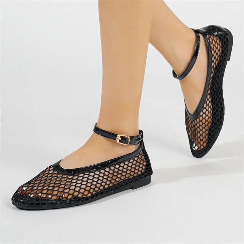 Hollow Out Mesh Mary Jane Shoes sandali estivi stringati da donna punta tonda Shallow Flat Ballet Single Shoes sandali Casual da donna