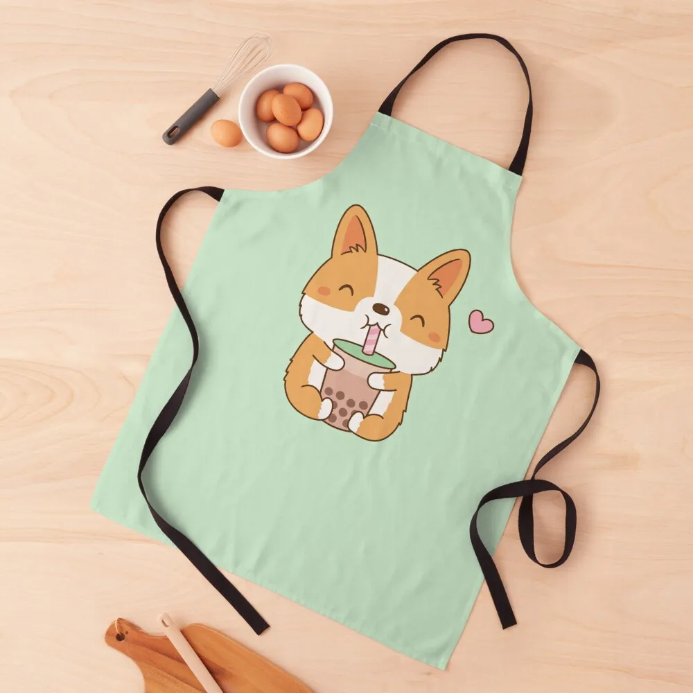 

Cute Corgi Loves Bubble Tea Apron Salon painters Chef Uniform Woman Apron