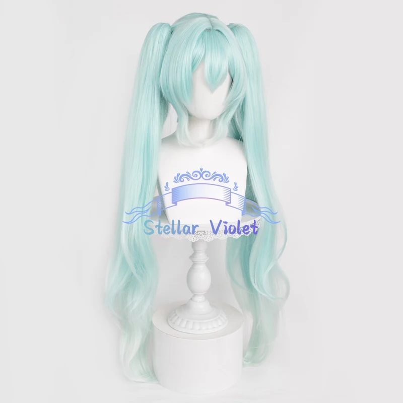 Vocaloid 2024 Miku شعر مستعار سباق Miku تأثيري الباروكات تأثيري ازياء 110 سنتيمتر الضوء الأزرق التدرج طويل مزدوجة ذيل حصان بيروكات صناعية