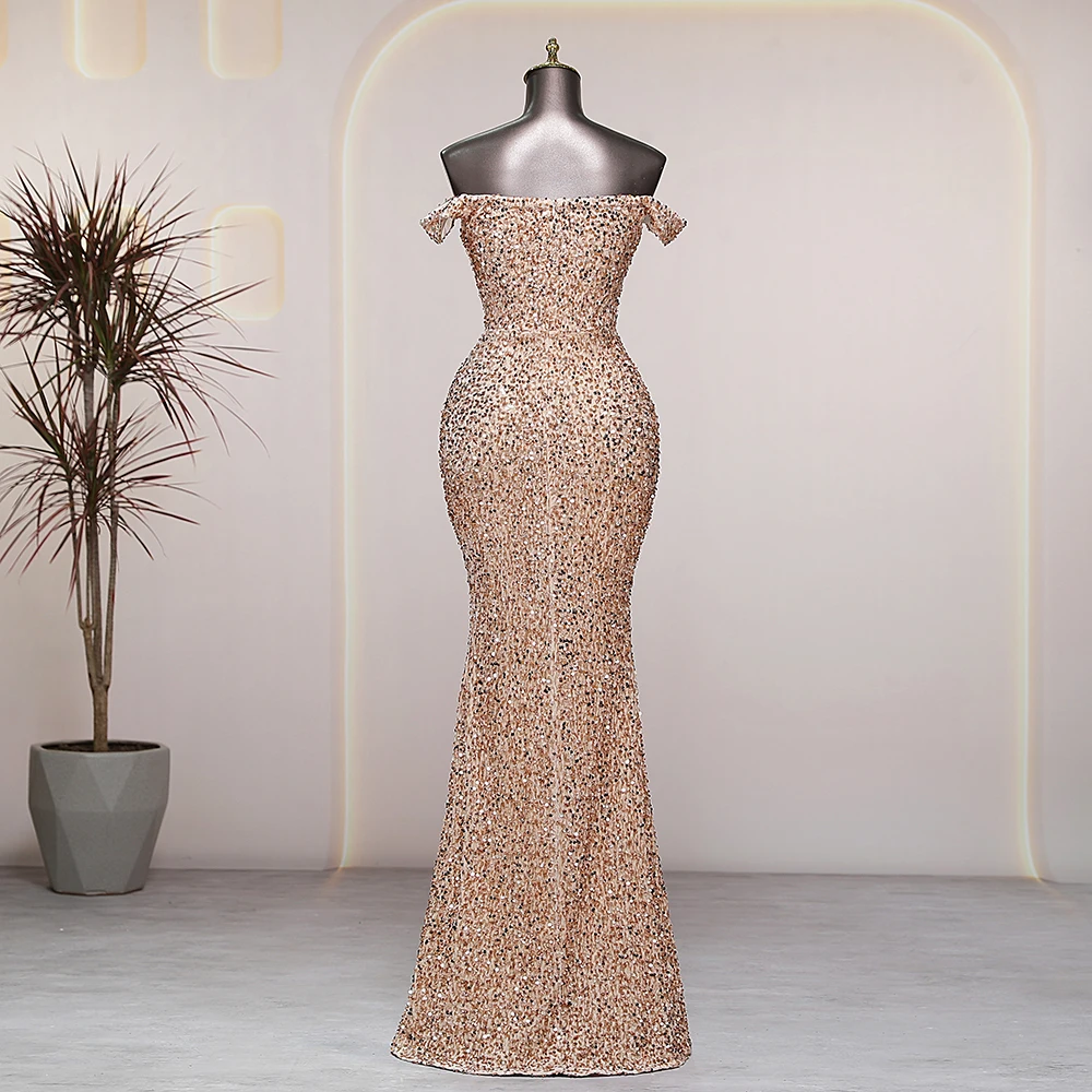 Gold Long Mermaid Evening Sequins Dress Off Shoulder Dress Women Prom Party Dresses formal occasion robes de soirée Bride dress