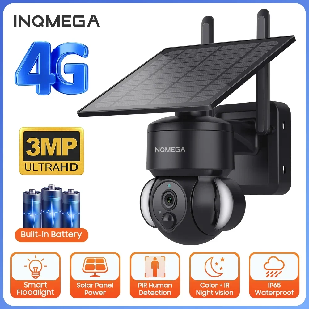 INQMEGA 3MP Multipurpose Outdoor 4G Solar Camera WIFI Wireless PTZ Motion Detection Two Way Audio Security Camera