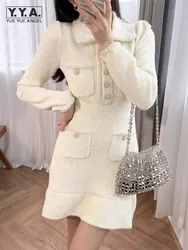 High Waist Sweet Women Tweed Dress Lapel Long Sleeve Pearl Sequins A-Line Short Dresses Slim Fit Office Ladies Elegant Dress