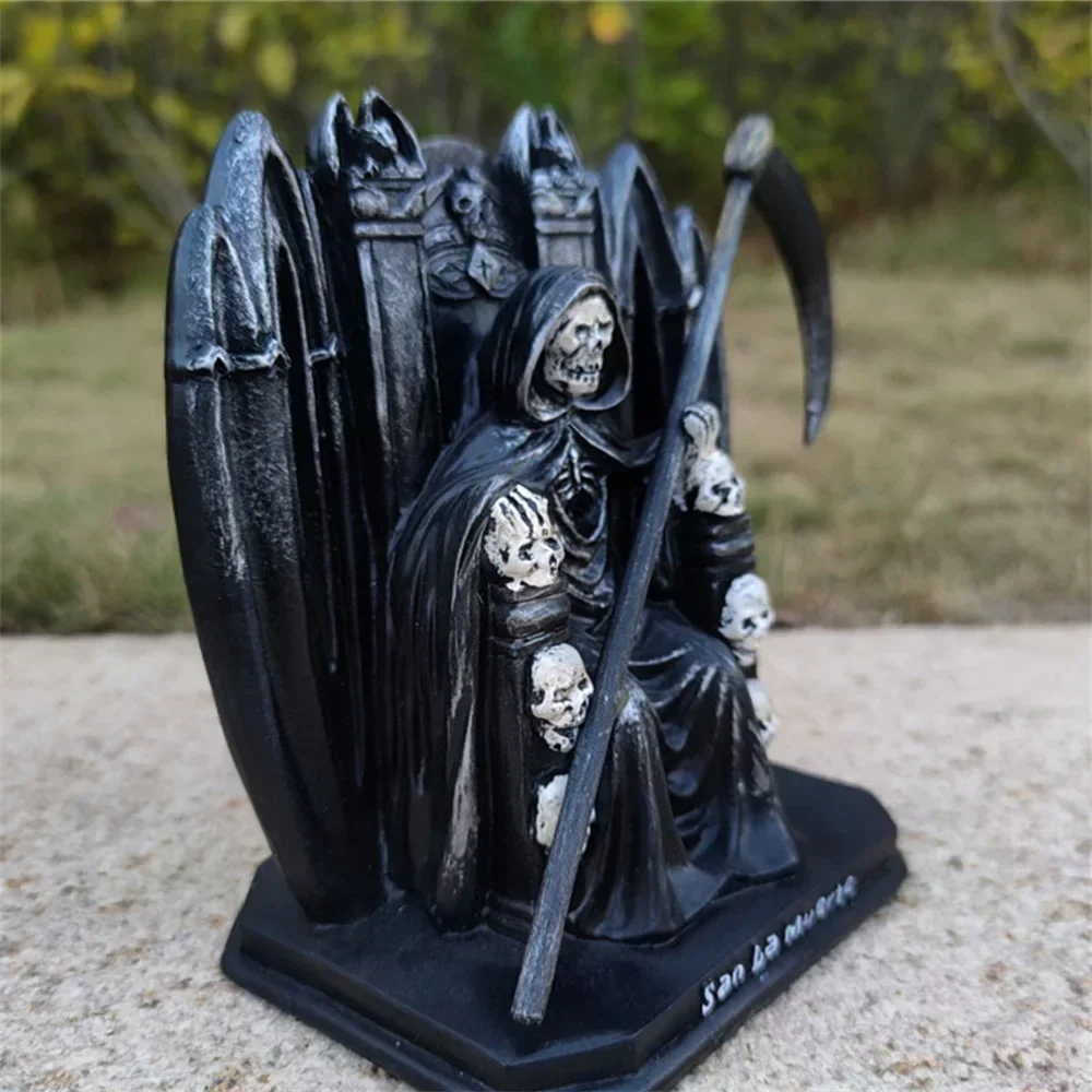 Soul Seizing Death Statue Fallen Angel Undead Skull Sickle Reaper Sculpture Crafts Dark Ritual Ornaments Black Robe God Figurine