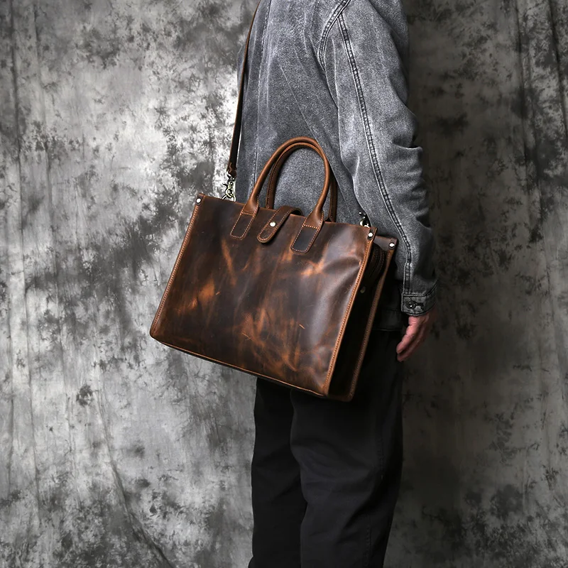 Nzpj Vintage Echt leder Herren Aktentasche natürliche Rindsleder Handtasche verrückte Pferd Leder Computer tasche lässige Umhängetasche – Detail 3