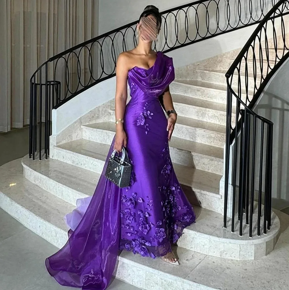 ชุดราตรีสีม่วงวินเทจแบบเป็นทางการ ไหล่เดียว ประดับดอกไม้ 3 มิติ ผ้าออร์แกนซ่า ทรงเมอร์เมด สำหรับงานพรอม งานประกวด งานเลี้ยง ชุดราตรีแบบอาหรับ