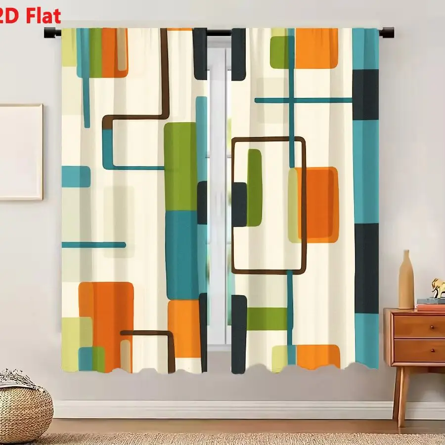 2Pcs Curtains 2D Flat Retro Mid-Century Modern Geometric Abstract Pattern With Squares Rectangles Lines In Orange Teal Dark Gray
