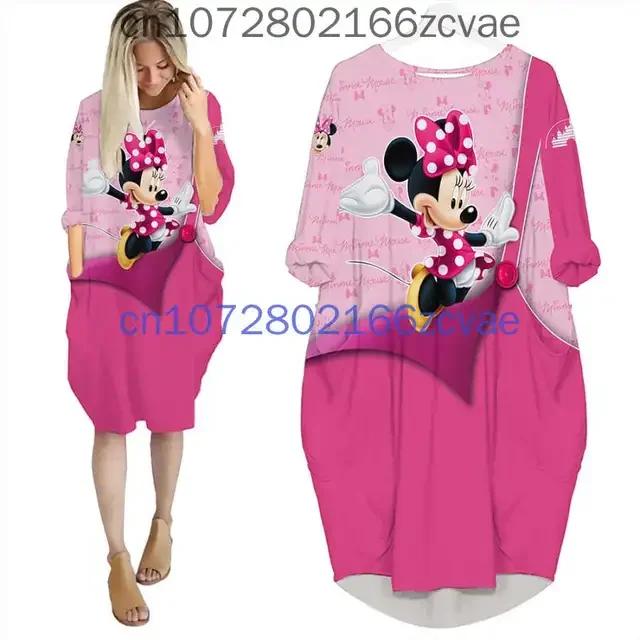 Disney-Feminino Minnie Mouse Oversized Vestido de Bolso, Solto Vestido de Festa, Bolso Batwing, Manga Comprida, Fashion, Versátil, Oversized