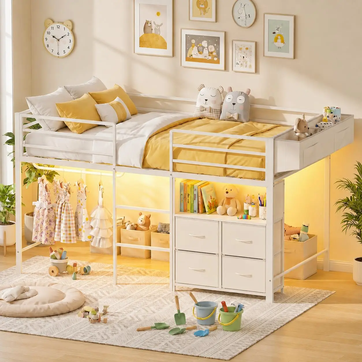Twin Loft Bed with Storage Drawers & Bookcase, Kids Metal Bed Frame with LED Lights, Safety Guardrail & Under-Bed Play Space