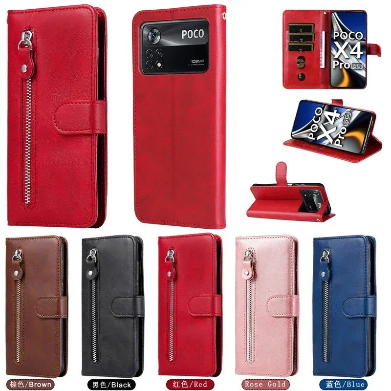 For Xiaomi Poco F6 Pro X 6 5G Zipper Wallet Leather Flip Case For Poco C65 X6 F5 X5 X4 M4 M6 M3 Pro X3 NFC M5 M5S F3 F4 Cover