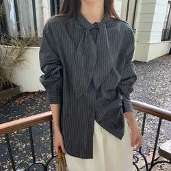 Vintage Floating Led Striped Shirt Women Simple Basic Dark Gray White Sweet Long Sleeve Loose Korean Chic Female Shirt Top