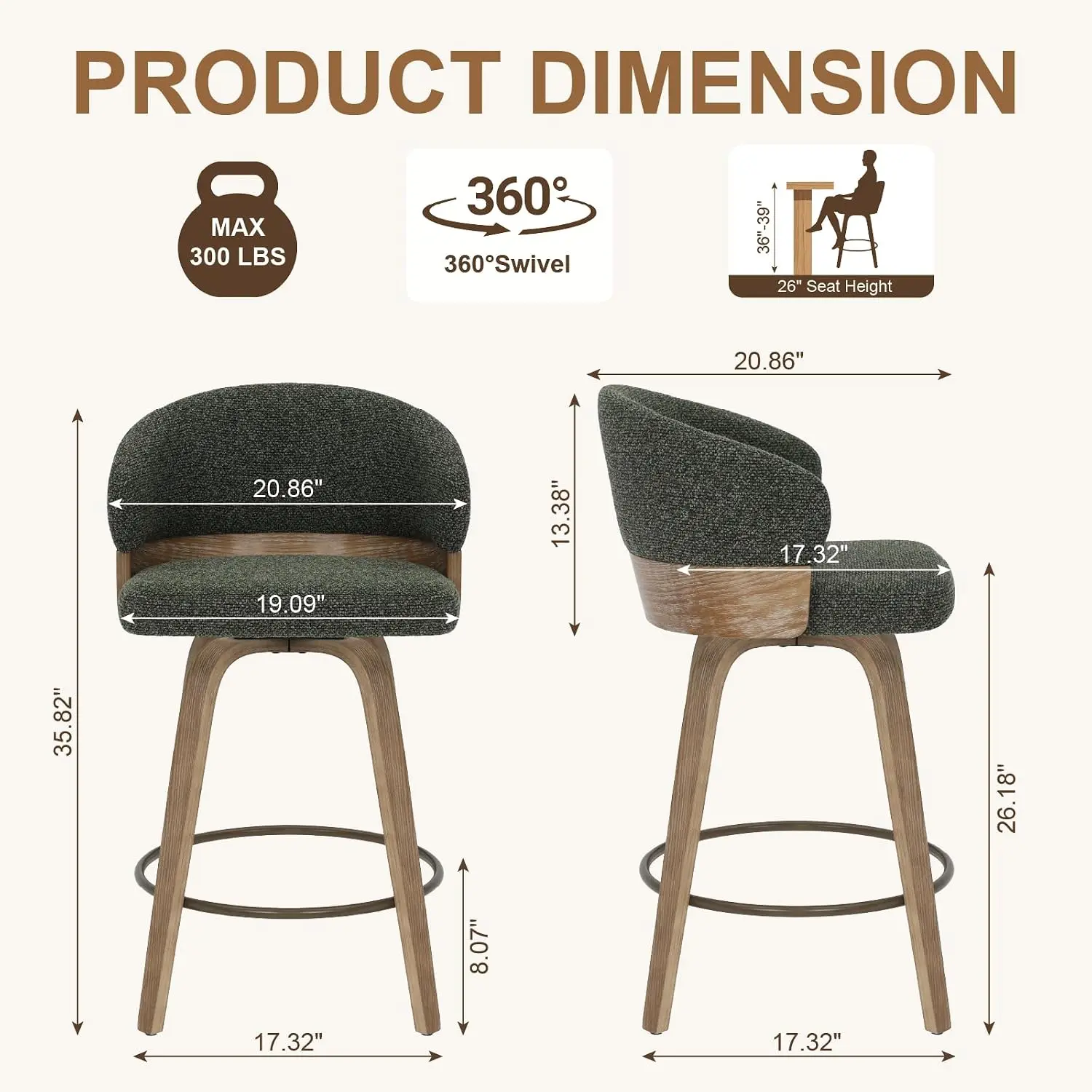 Set of 2 26 Inch Swivel Bar Stools, Green Boucle Counter Height Chairs with Curved Backrest, Wooden Legs, Metal Footrest